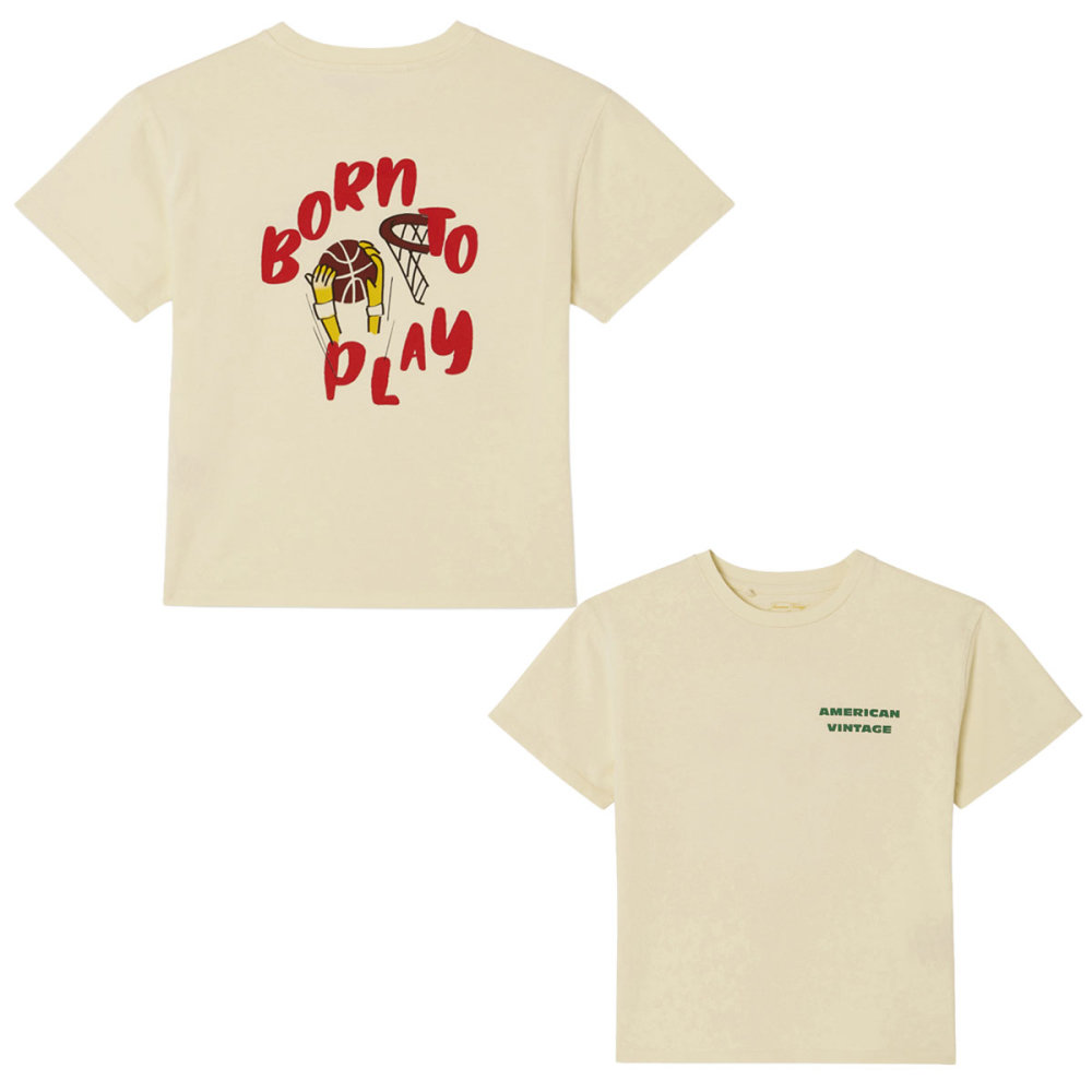 American Vintage Fizvalley T-shirt Ile Flottante Vintage met borstlogo en Born to Play-rugprint