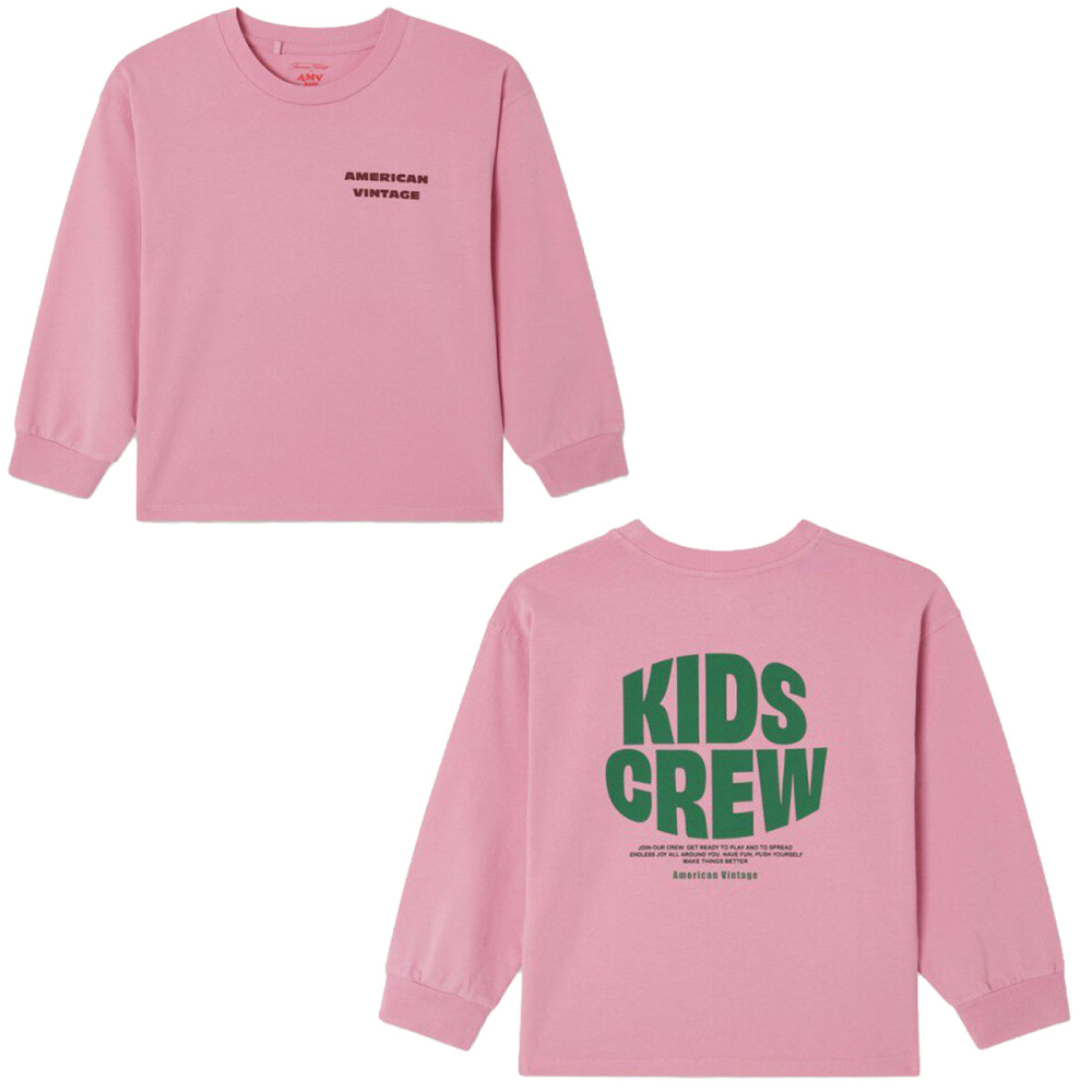 American Vintage Longsleeve Fizvalley Barbe a Papa Vintage roze voor kinderen met voor- en achteraanzicht en Kids Crew print