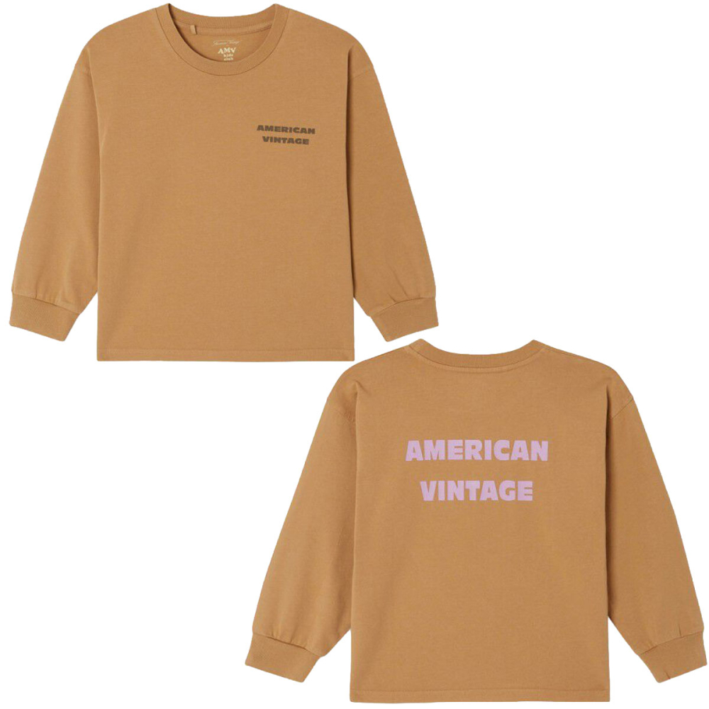 American Vintage Fizvalley kinder longsleeve Beurre De Cacahuete Vintage met borstlogo en rugprint