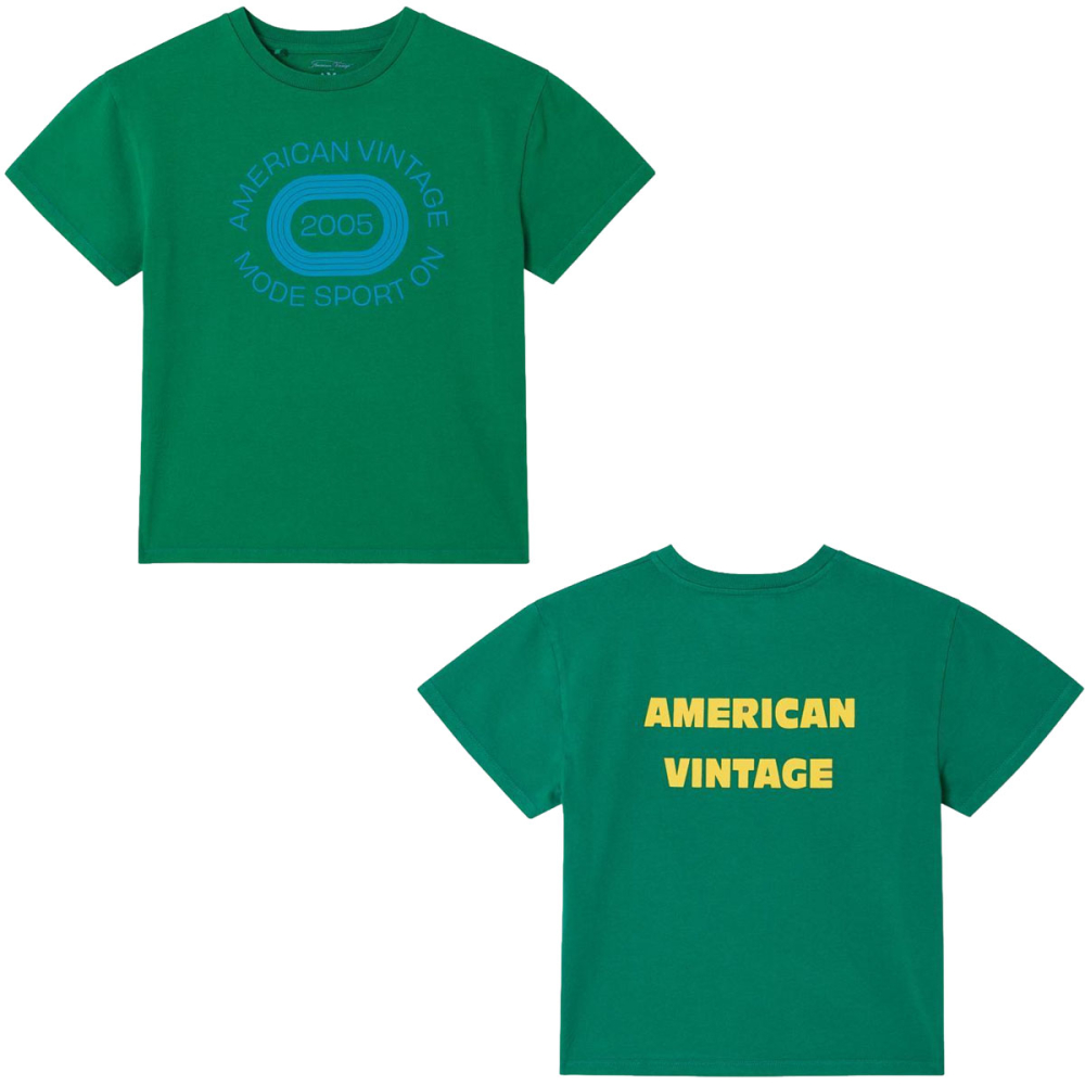 American Vintage Fizvalley kinder T-shirt Mint Vintage groen met blauwe sportprint voor en gele logoprint achter
