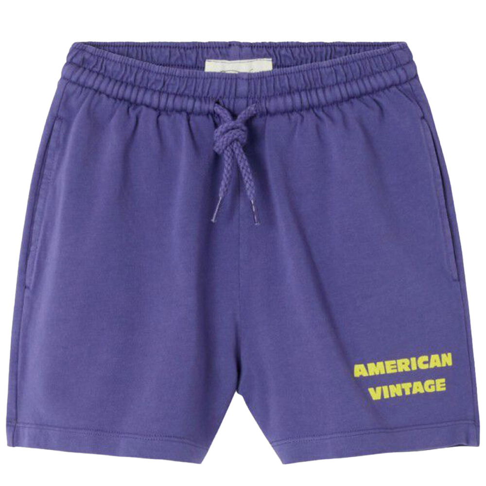 Paarse American Vintage korte broek voor kids met elastische tailleband en opvallende logo print.