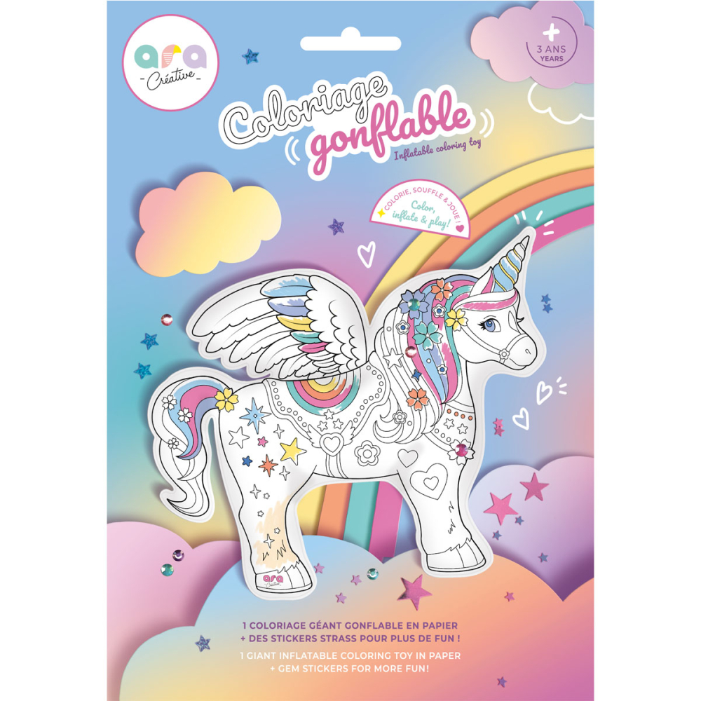 Ara Creative opblaasbare kleurplaat giga unicorn Creart Giant Unicorn + Sticky Gems verpakking – creatief speelgoed vanaf 3 jaar