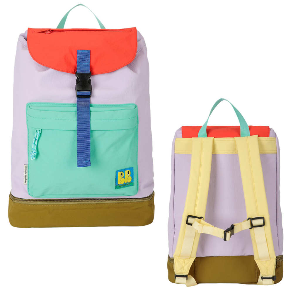 Bobo Choses Rugzak Booo Bo Tag Lavender met rode klep, mintgroen voorvak en gele schouderbanden
