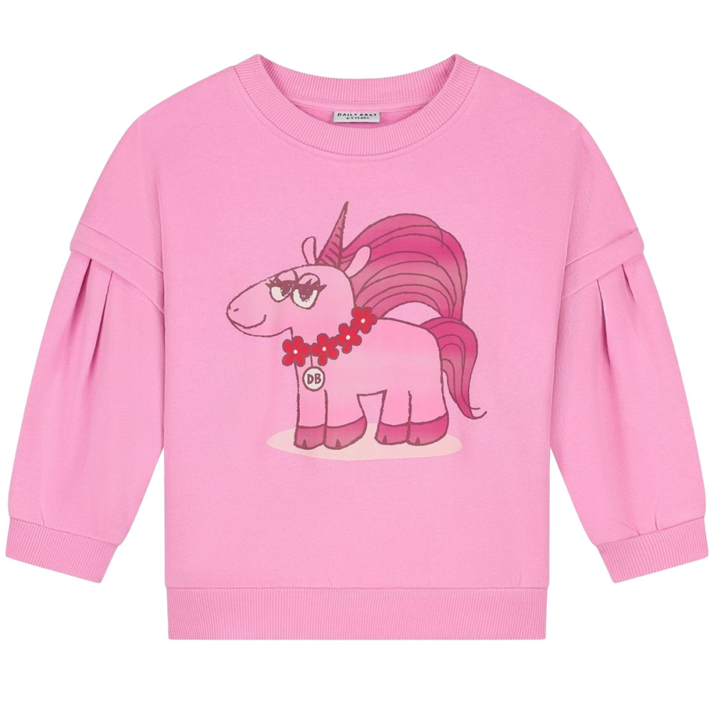 Daily Brat Sweater Sassy Unicorn roze voor meisjes met grote eenhoornprint op de voorkant
