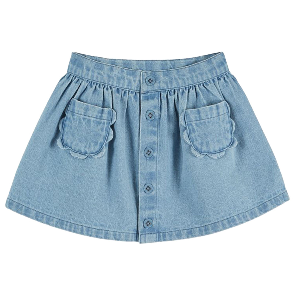 Emile et Ida Rok Denim Poches Fleurs Bleu Delave blauw voor meisjes met bloemvormige zakken en knoopsluiting