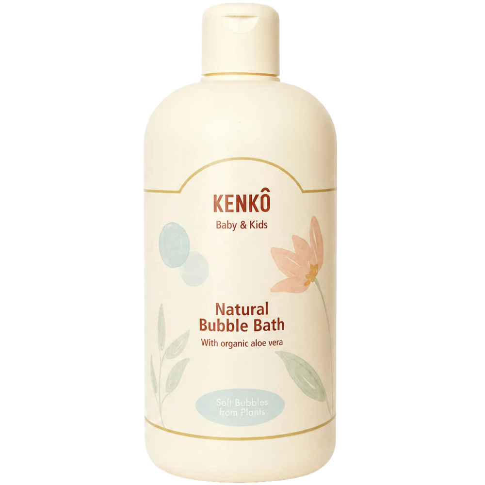 Kenkô Baby & Kids - Natural Bubble Bath met bloemen- en bladillustraties op een witte achtergrond.