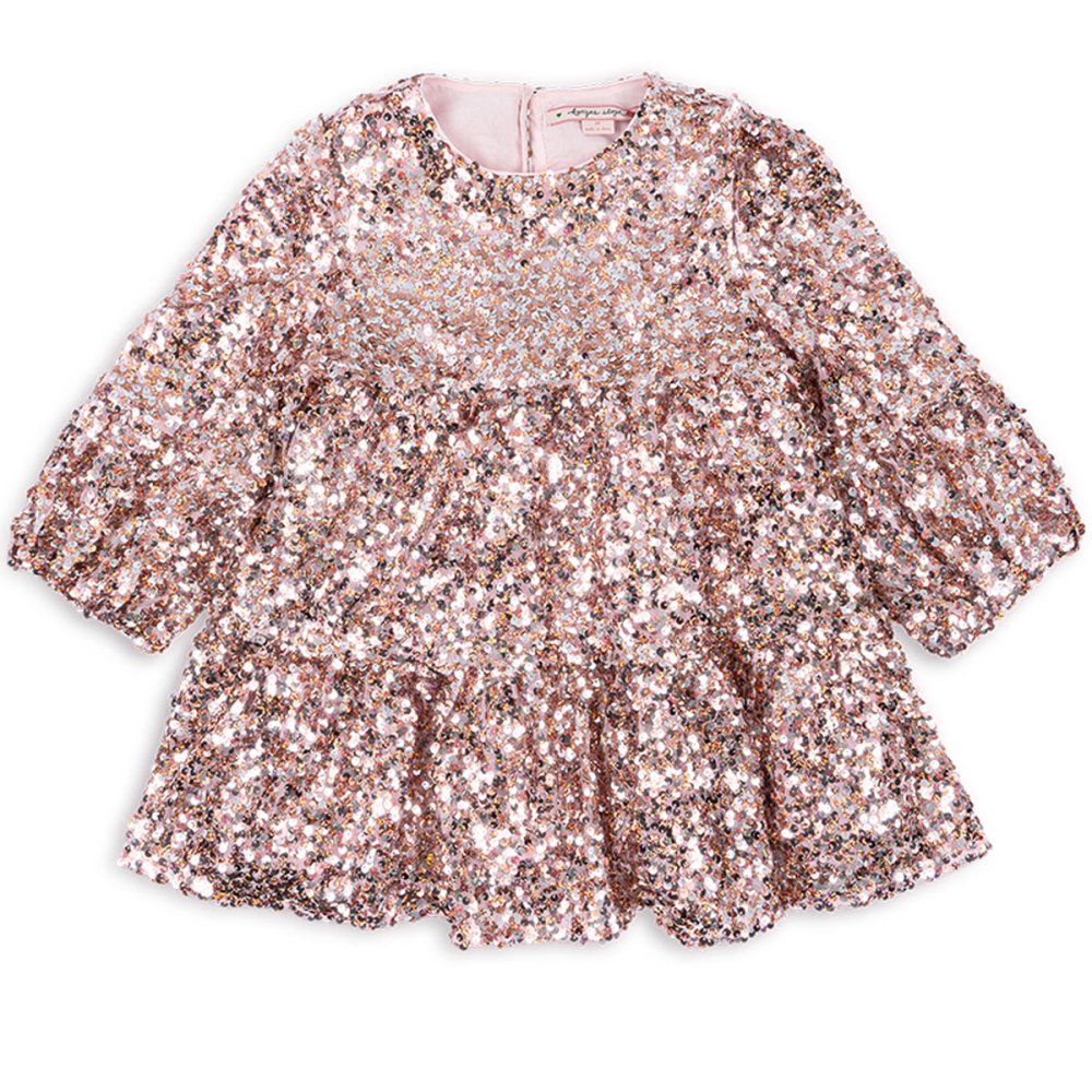 Konges Slojd Lila paillettenjurk Grey Rosa roze met lange ballonmouwen en gelaagde rok