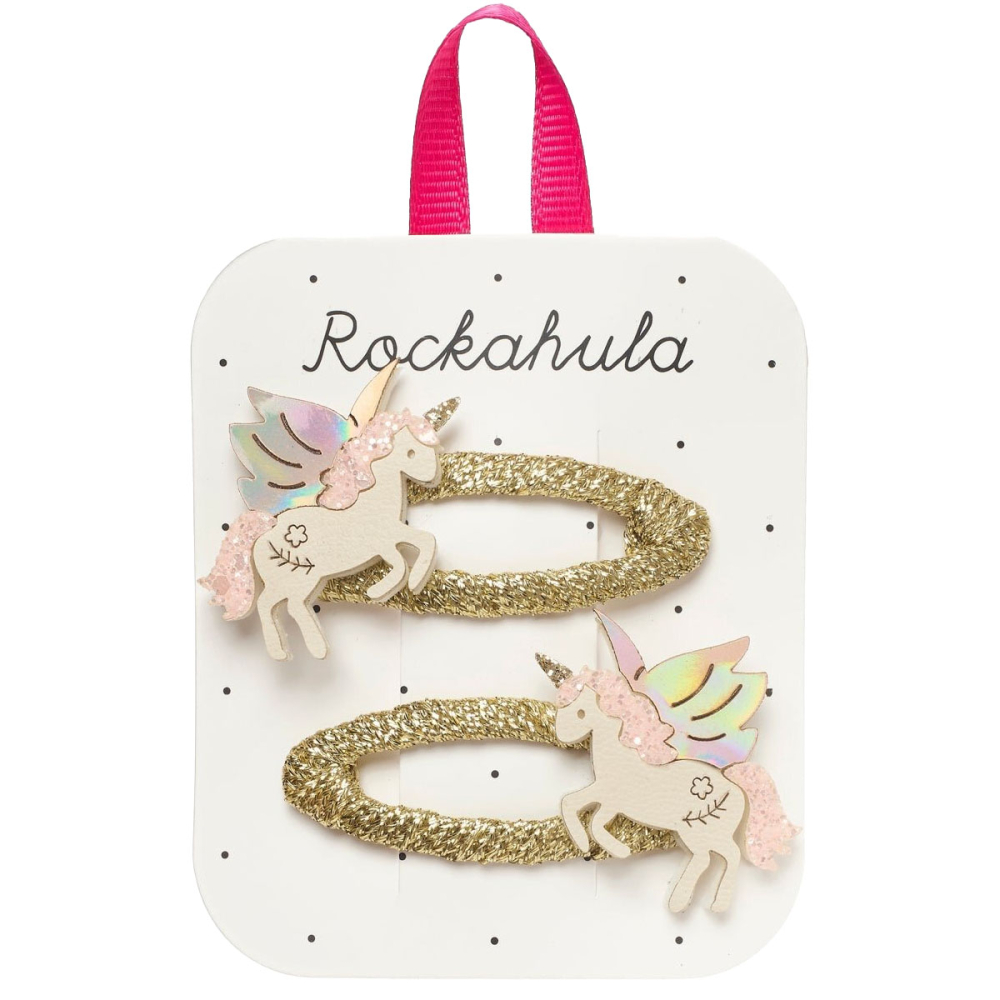 Set van twee Rockahula Magical Unicorn haarclipjes met glinsterende eenhoorns op een goudkleurige basis.
