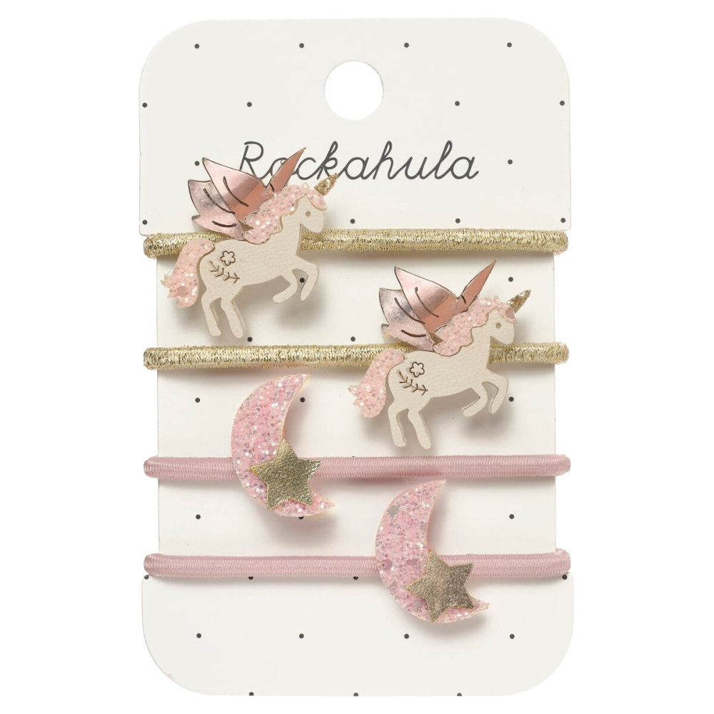 Set van vier Rockahula Magical Unicorn haarelastiekjes met glinsterende eenhoorns en manen in goud en roze.