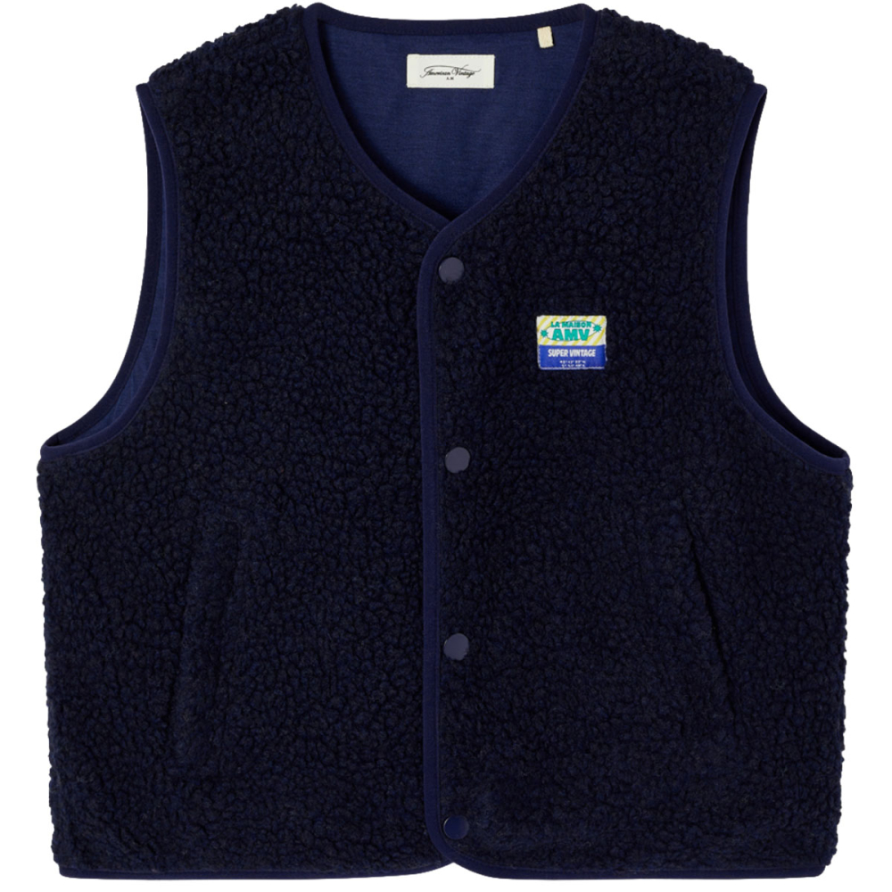 American Vintage Hoktown Teddy bodywarmer Navy vooraanzicht met drukknopen en borstpatch.