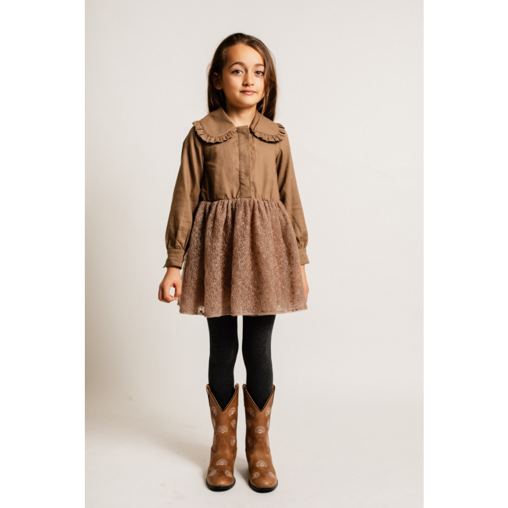 Baje Studio Jurk bruin Tule Bloemen Kraag Bowil Brown Cacao