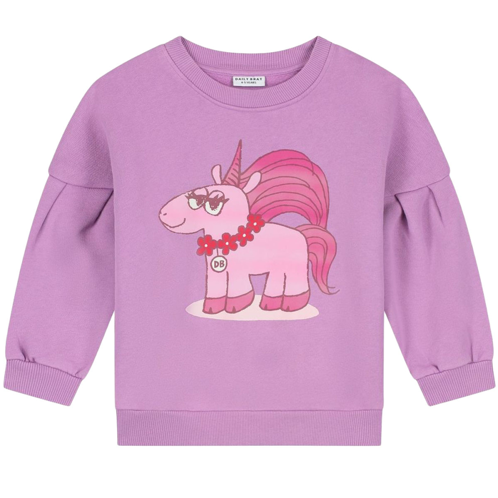 Daily Brat Sweater Sassy Unicorn Paars voor meisjes met roze unicornprint en pofmouwen