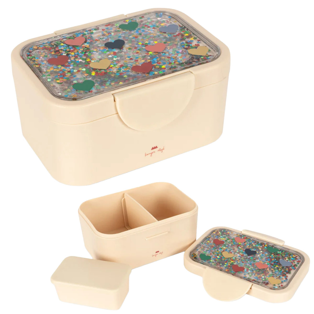 Konges Slojd Broodtrommel Glitter Hartjes Bon Coeur Colore Creme met losse onderdelen  
