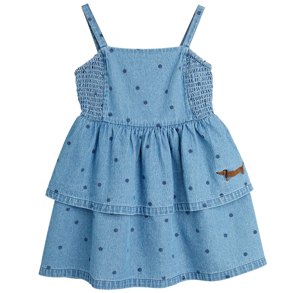 Mini Rodini jurk blauw met stippen en geborduurd hondje, duurzame meisjesjurk van zacht materiaal