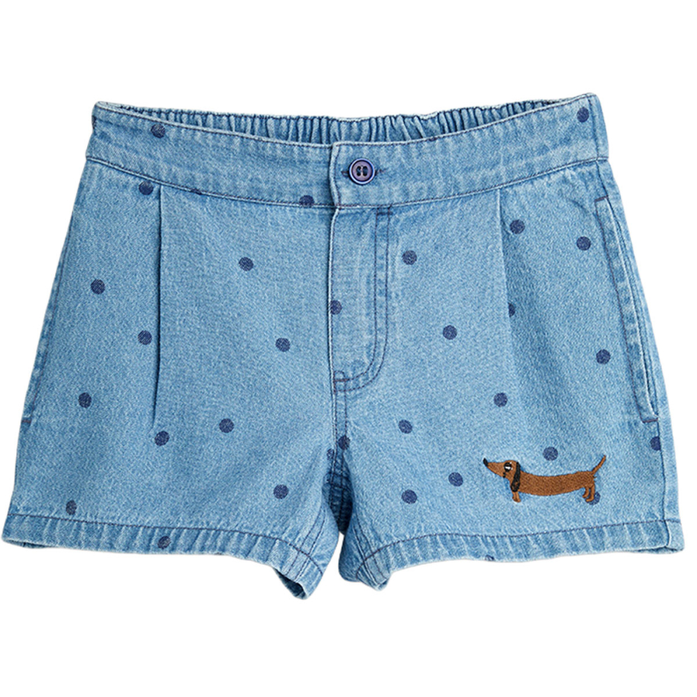 Mini Rodini Korte Broek Blauw Stippen Hondje met knoopsluiting en comfortabele pasvorm voor kinderen.