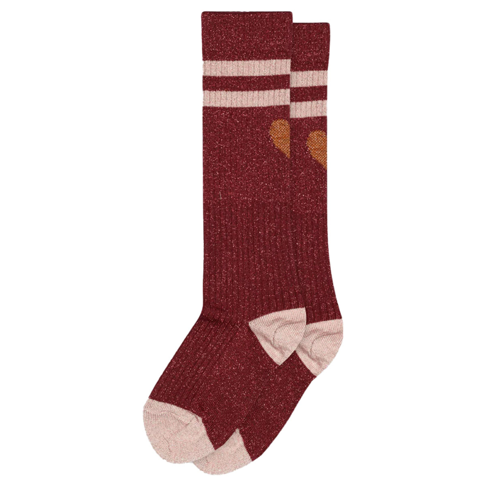 MP Denmark Glitter Kniekous Elga Rood Wine Red met hartdetail, lichtroze strepen en subtiele glitter