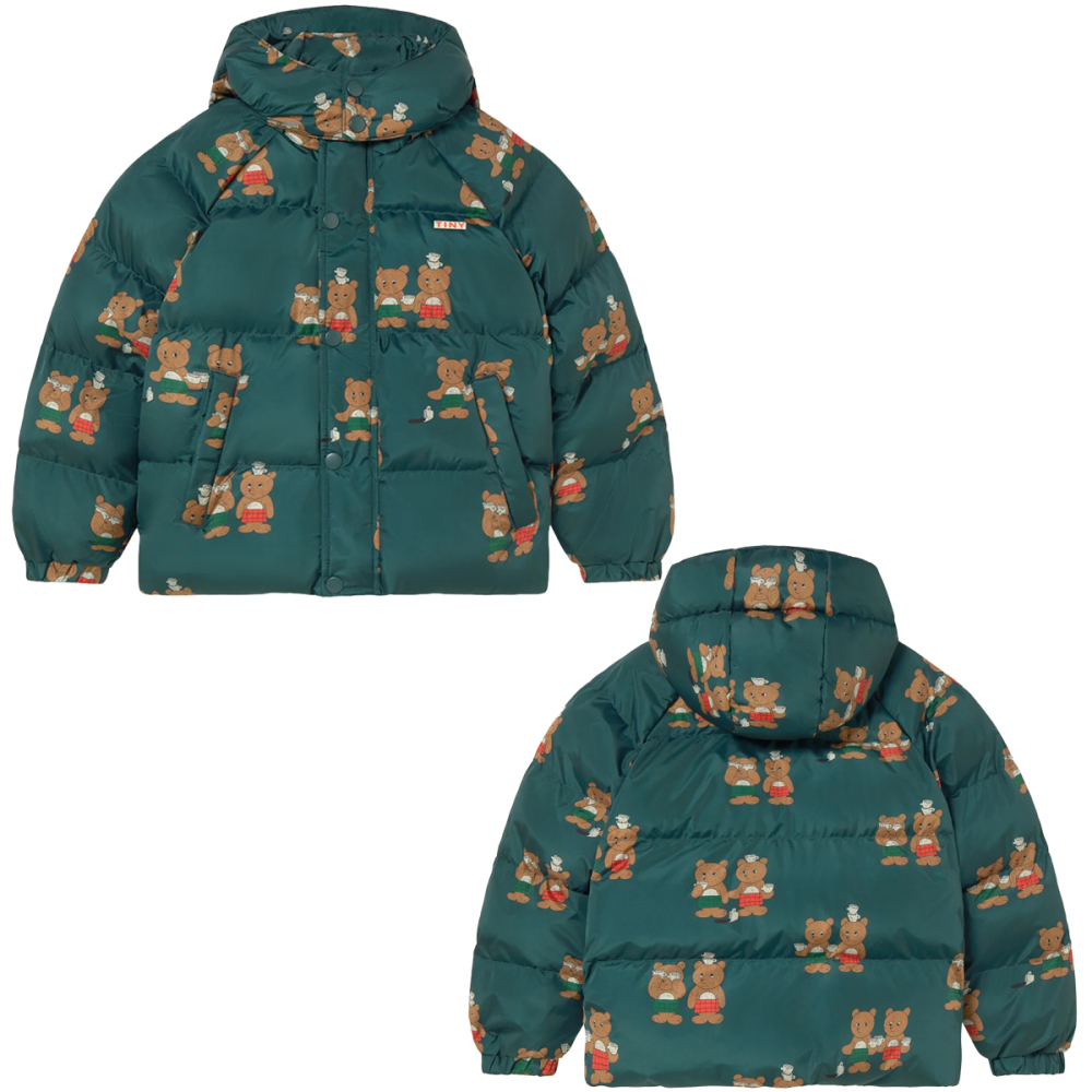 Tiny Cottons Winterjas Tiny Tea Room Beren Groen met gewatteerd model en all-over berenprint