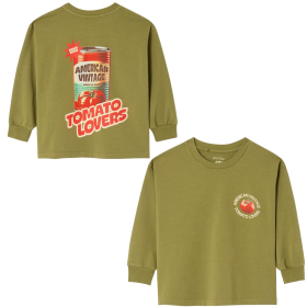 Groene American vintage longsleeve voor kids met kleine Tomato Lovers borstprint en relaxed fit.