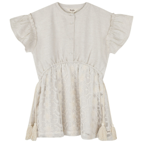 Baje Studio jurk creme bloemen franjes claudie off white met geborduurde bloemen en luxe tule rok