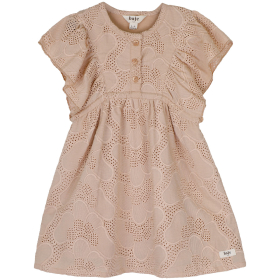 Baje Studio jurk roze bloemen broderie mave rose cafe met ruffle mouwen en knoopsluiting