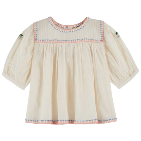 Emile et Ida blouse creme/roze/blauw met borduurrand