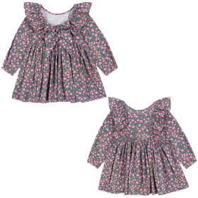 Konges Slojd Jurk Blauw/Roze Bloemen Strikken