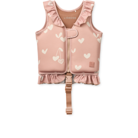 Liewood Dove swim vest w frill roze hartjes met ruches en ritssluiting aan de voorkant