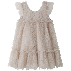 lil atelier beige tule meisjes jurk met 3d bloemen voorkant kinderkleding