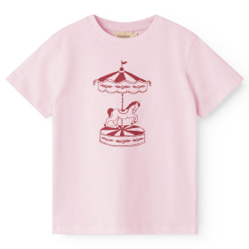 MarMar Copenhagen t-shirt roze met rode carrouselprint voor meisjes, korte mouwen en ronde hals