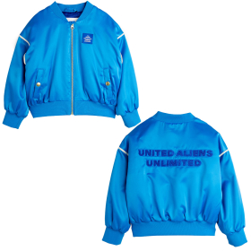 Blauwe Mini Rodini kinderjas met United Aliens Unlimited print voor jongens en meisjes.
