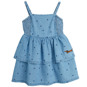 Mini Rodini jurk blauw met stippen en geborduurd hondje, duurzame meisjesjurk van zacht materiaal