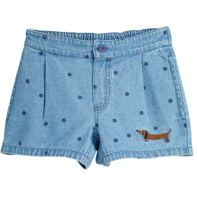Mini Rodini Korte Broek Blauw Stippen Hondje met knoopsluiting en comfortabele pasvorm voor kinderen.