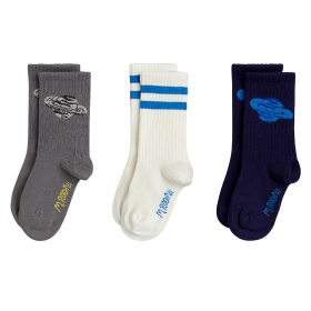 Mini Rodini sok 3-pack met grijze space print, crème sok met blauwe strepen en donkerblauwe planetenprint