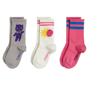 Mini Rodini sokken 3-pack grijs crème en roze met alien space en strepen