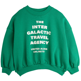 Groene Mini Rodini sweater voor kinderen met Inter Galactic Travel Agency tekst op de borst.