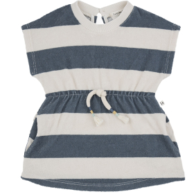 One More In The Family Jurk Ilaria Blauw/Creme Strepen Badstof Petroleum