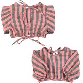 Piupiuchick blouse roze en grijs met verticale strepen en korte mouwen
