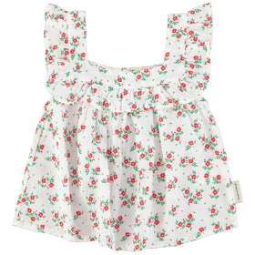Piupiuchick top crème met all-over rood bloemenprint op witte achtergrond