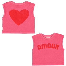 Roze Piupiuchick Amour badstof top voor meisjes met rode Amour print, gefotografeerd op een witte achtergrond