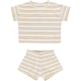 Quincy Mae Set T-Shirt Met Korte Broek Creme/Bruin Strepen Badstof Ivory