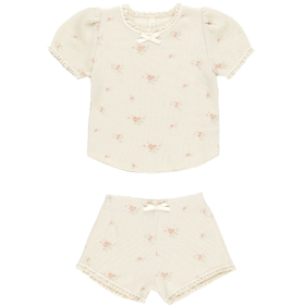 Quincy Mae Set T-shirt Met Korte Broek Creme/Roze Bloemen Naturel