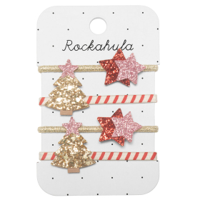 Rockahula Haarelastiekjes Goud/Roze/Rood Kerstboom & Sterren 4 Stuks