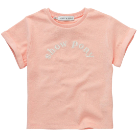 Sproet & Sprout T-shirt Roze Show Pony badstof met geborduurde tekst in zachte roze tint.