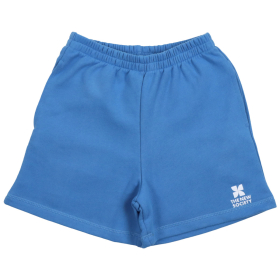 The New Society korte broek blauw van zachte sweatstof met elastische tailleband en wit logo op de pijp – comfortabele zomer short.