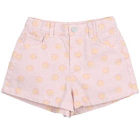 The New Society korte broek roze met smiley print van katoen, detail van voorzijde met knoop, ritssluiting en steekzak