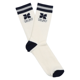 The New Society sokken in crème met blauwe strepen, ribstructuur, logo op de schacht en comfortabele katoenmix