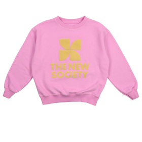 The New Society sweater roze met geel logo op de voorzijde, zachte katoenkwaliteit