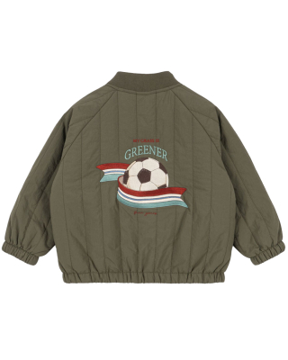 Konges Slojd Juno Bomber Jacket Kalamata voetbal gezien vanaf de achterkant met grote geborduurde voetbal print op de rug.