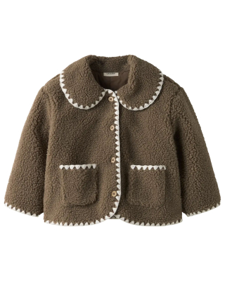 Lil’ Atelier nmflajo ls loose jacket lil bruine teddy jas met crème sierbies voor meisjes